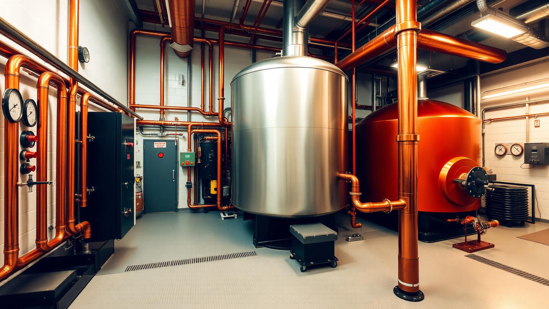 Heating plant room with boilers and distribution pipework