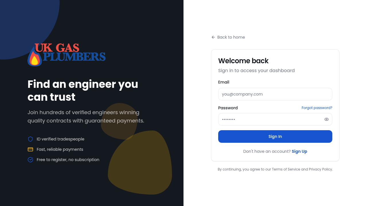 UK Gas Plumbers sign up and login page