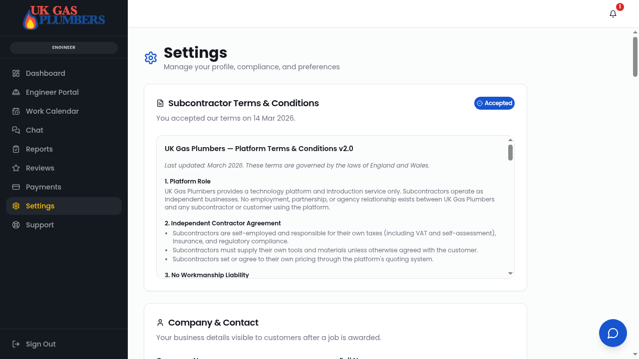 Engineer settings page showing verification status and profile compliance