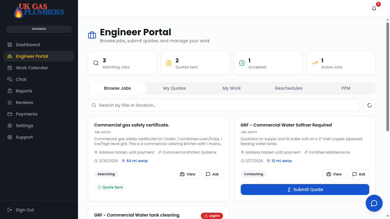 Engineer portal Browse Jobs tab showing available jobs with Submit Quote button
