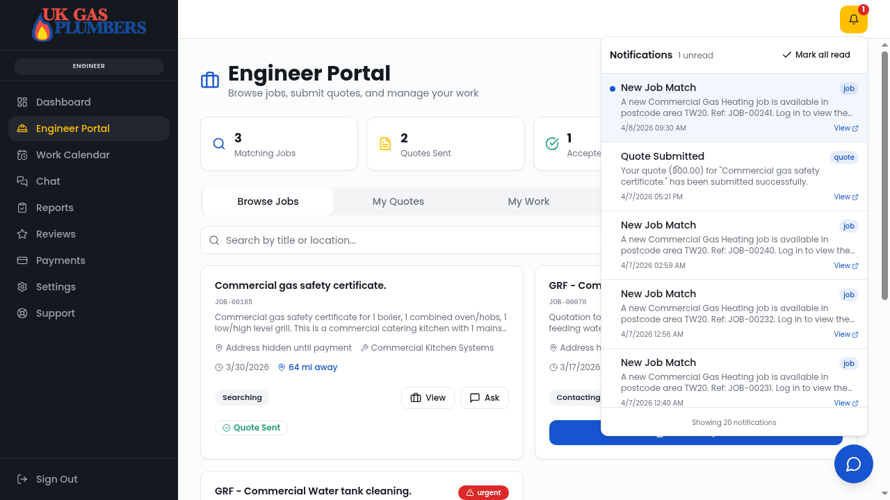Engineer portal showing notification bell with new job match alerts