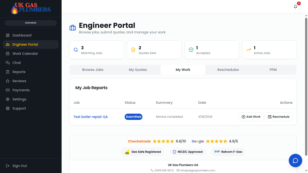 My Work tab showing submitted job reports with Add Work and Reschedule actions