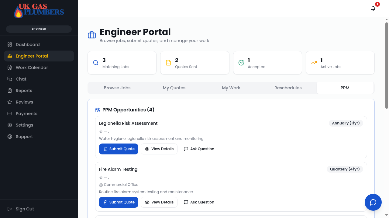 PPM tab showing planned preventative maintenance opportunities with Submit Quote buttons